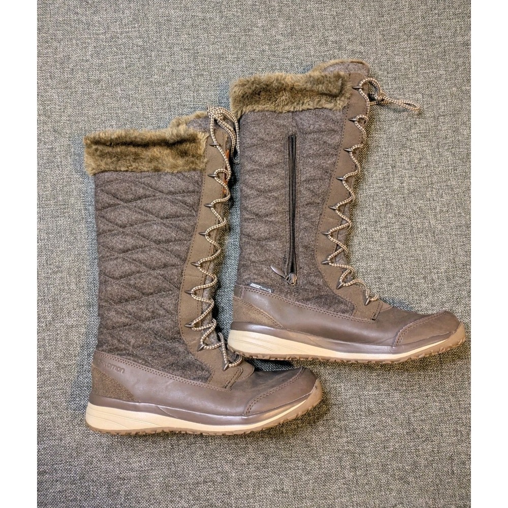 Salomon Hime High Brown Quilted Clima Shield Winter Boots Womens Sz 7 Faux Fur